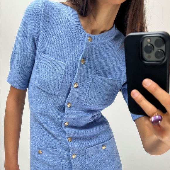 Blue knit sweater dress with buttons - Picture 4 of 7